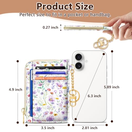 Image of GIANCOMICS Slim Wallet Credit Card Holder Women, Purple Flower Rfid Blocking Small Card Case, Keychain Thin Pocket Curved Zipper Wallet, Travel Card Holder PU Leather ID Window, Ladies Female Gifts