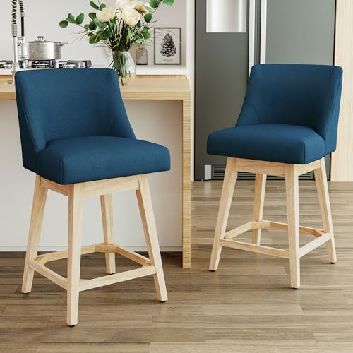 Image of Swivel Counter Height Bar Stools Set of 2, Modern Fabric Swivel Barstools with Contoured Back and Solid Wood Legs, Upholstered Counter Stool Bar Chairs for Kitchen Island, Home Bar, Blue