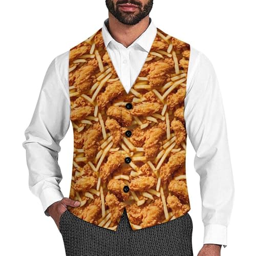 Chicken Strips French Fries Suit Vest for Men Slim Fit Tuxedo Waistcoat Button Down V Neck Business Dress Coat