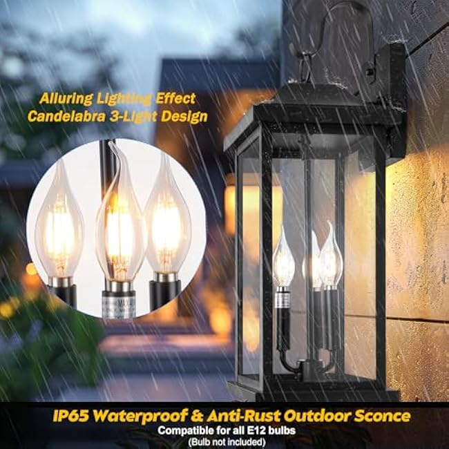 2-Pack 23 Extra Large Outdoor Wall Lights Candelabra 3-Light, IP65 Waterproof Exterior Lights with Clear Glass Front Porch Lanterns Outdoor Wall Sconce Lighting Outside Coach Lights, E12