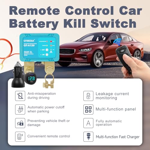 Image of 12V 120A Remote Battery Disconnect Switch | with Fast Charging Car Cigarette Lighter & Voltage Display, Anti-Theft, Battery Leakage Protection,2 Remote Control Keys
