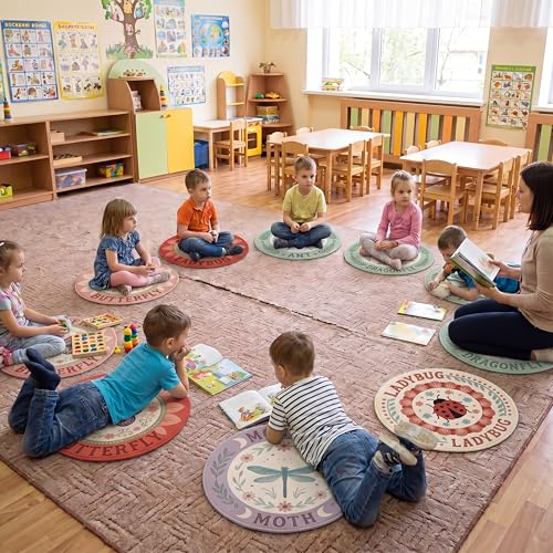 GraceSway Set of 10 16-Inch Round Kids Floor Cushions, Garden Bug Designs