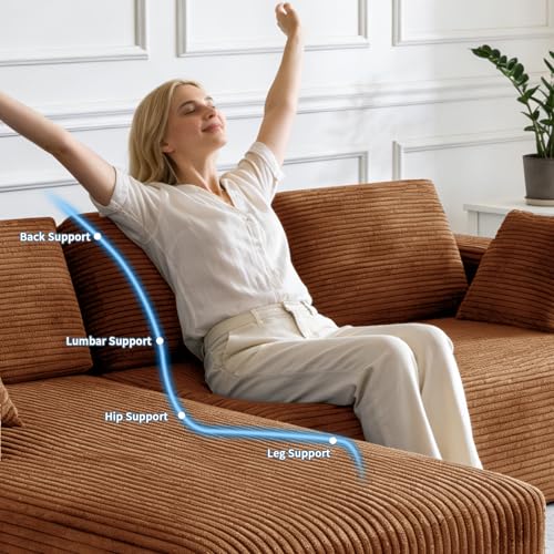 Image of 106 inch Corduroy Sectional Couch, Boneless L Shaped Couch with Deep Seat, Cloud Foam Sofa with Oversized Chaise, Sectional Sofa No Assembly Needed for Living Room