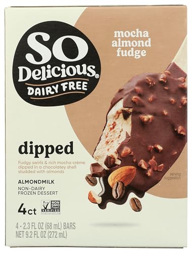 So Delicious Dairy Free Almond Milk Dipped Frozen Dessert Bar, Mocha Almond Fudge, Vegan, Non-GMO Project Verified, 4 Count (Pack of 1)
