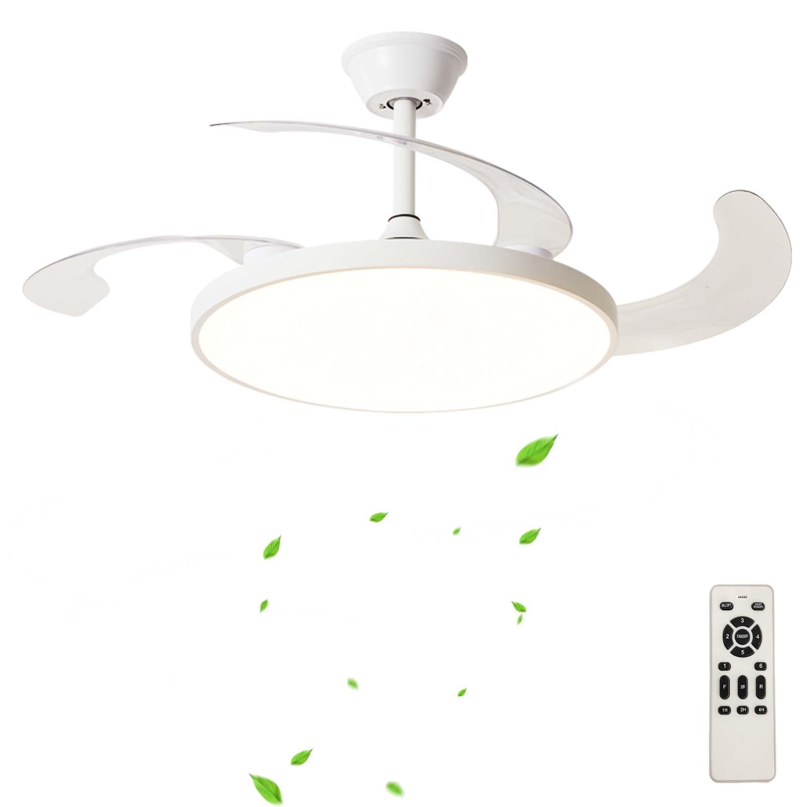 SXDMOUBK Modern Retractable Ceiling Fan with Light Remote Control Silent Operation Dimmable LED Reversible 6 Speed Settings 118cm Smart White Fixture