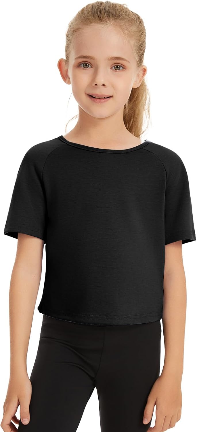 Girls Summer Workout Crop Tops Cropped Split Back Athletic Gym Exercise Short Sleeve Basic T Shirts 3-14 Years