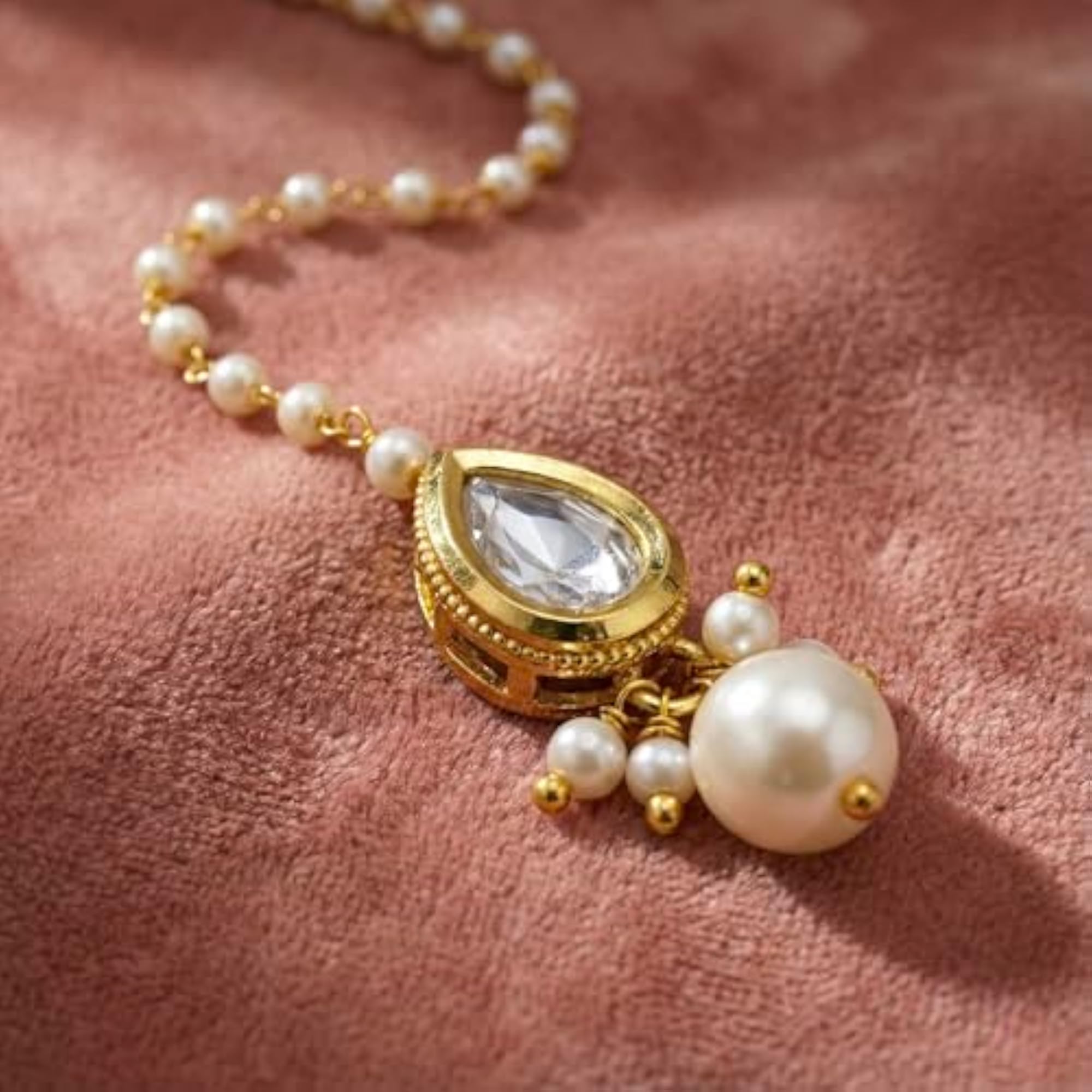 Traditional Kundan Maangtika with Pearl Drop, 2Pc Combo Set