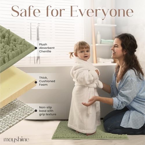 Image of MAYSHINE Plush Shaggy Chenille Bath Mat | Extra Soft, Super Absorbent, Non-Slip Bathroom Rug | Fluffy Microfiber, Area Rug Sets for Bathroom Floor, Kitchen, Living Room | 59 inchx31 inch | Sage Green