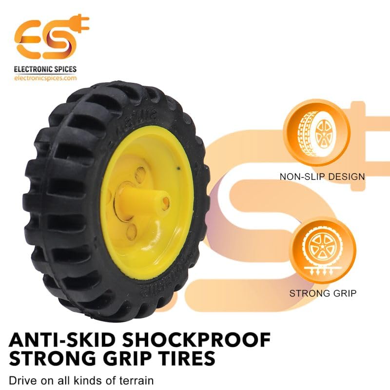 Electronic Spices 40mm x 12mm Yellow Robotics Toy Smart Car Wheel | Durable Plastic Tyre with Grip Pack of 10 Pcs 1