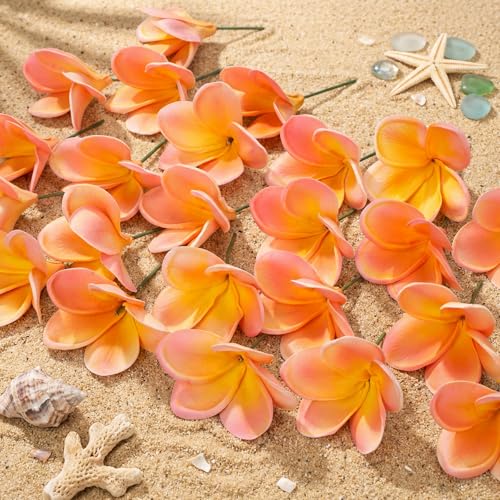 Tigeen 30 Pcs Hawaiian Plumeria Frangipani PU Artificial Flowers Tropical Flowers with Stems for DIY Real to Touch Birthday Gifts Wedding Home Hawaiian Party Decor Table Centerpiece (Orange Pink)