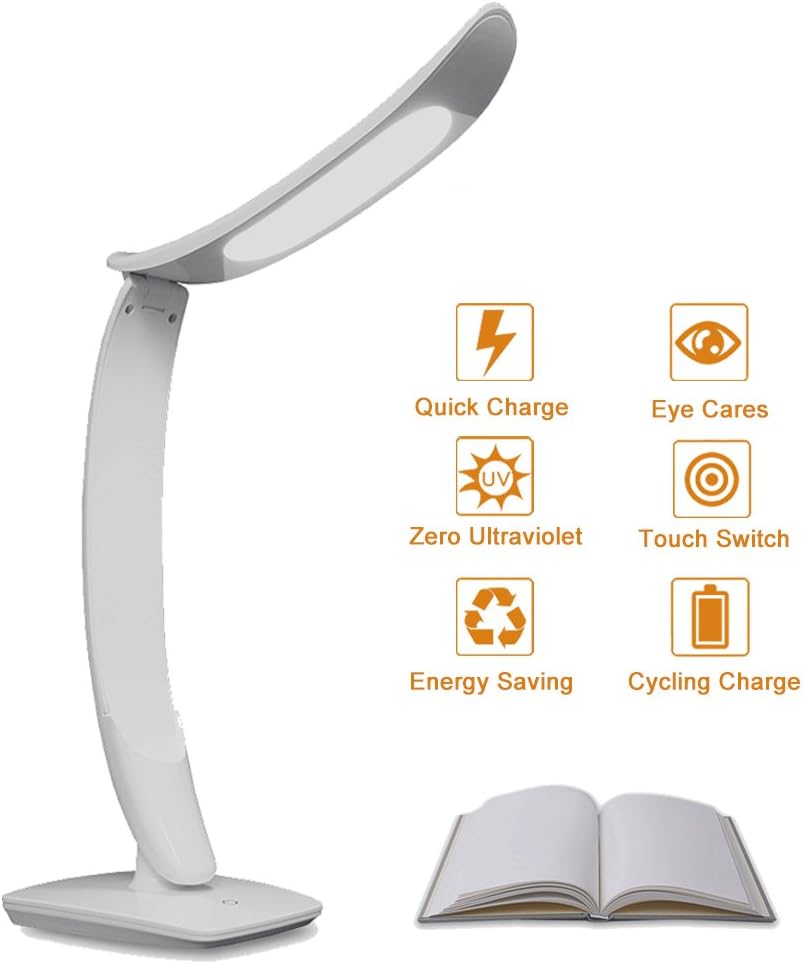 Meoro Table Light - Portable LED Desk Lamp Best 3 Level Dimming Student Lamp with Touch Control 3W, 3 Modes, USB Charging Port for Studying, Reading, Working, Camping (White)