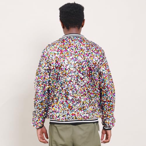 Image of YIYI Mens Sequin Jacket Bomber Sparkly Striped Varsity Glitter Jacket Male Party Outwear Coat Birthday Holiday Clothes