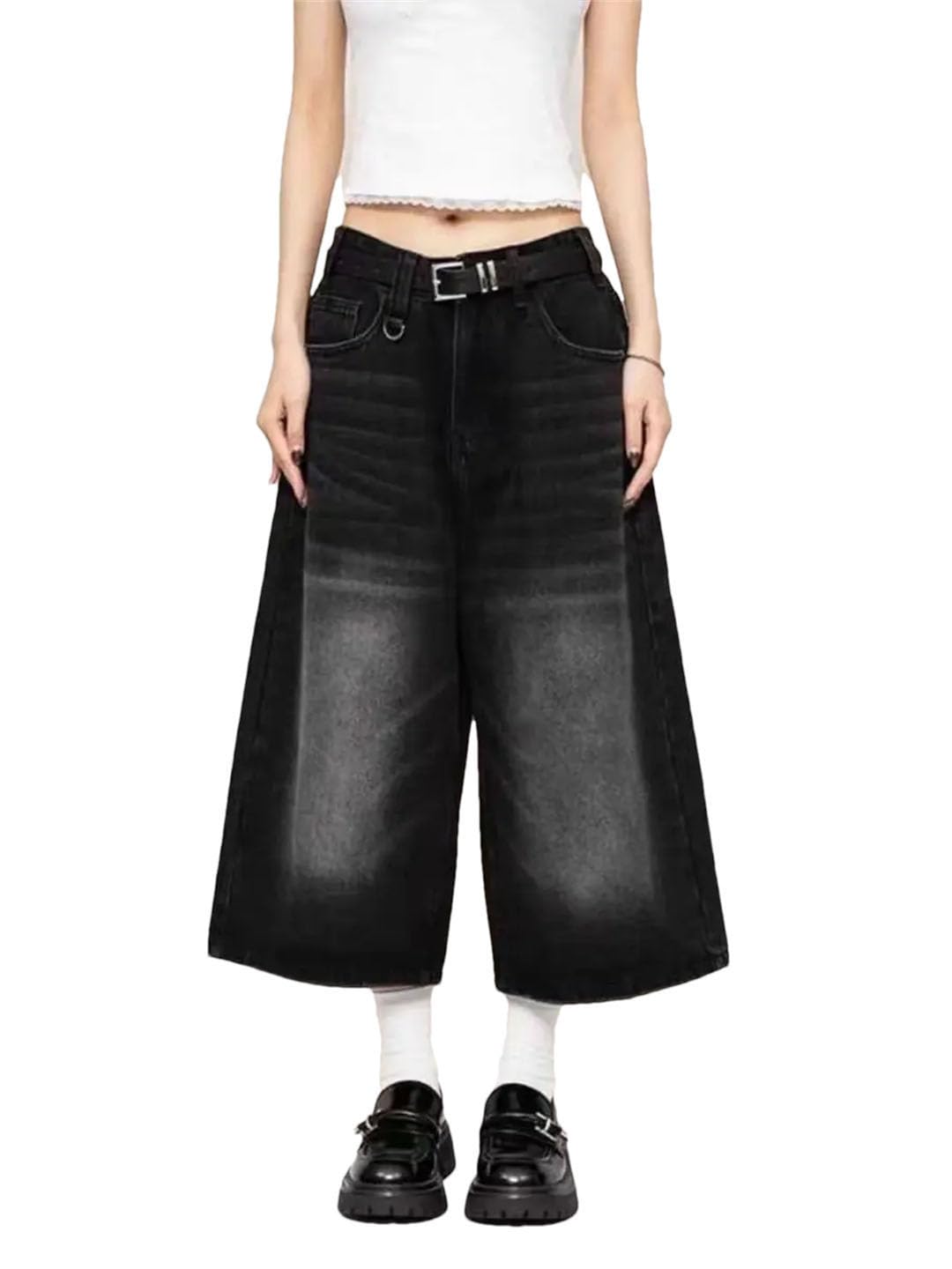 Damskie casualowe szerokie nogawki workowate denim High Street Retro wysoka talia tandetne szorty, Czarny, M