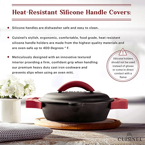 Image of Cuisinel Cast Iron Skillet + Cast Iron Lid Set - 10+12 inch-Inch Dual Handle Frying Pans + Pan Scraper + Silicone Handle Covers - Preseasoned Indoor /Outdoor, Grill, Stovetop, Induction, Oven Cookware