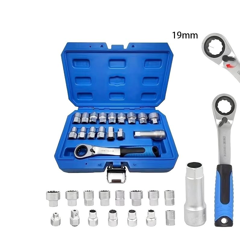 Generico SET 17 PEZZI CHIAVI A BUSSOLA PASSANTI CON PROFILO INTERNO MILLERIGHE DI TIPO XZN 10-24 mm E CHIAVE A CRICCHETTO REVERSIBILE