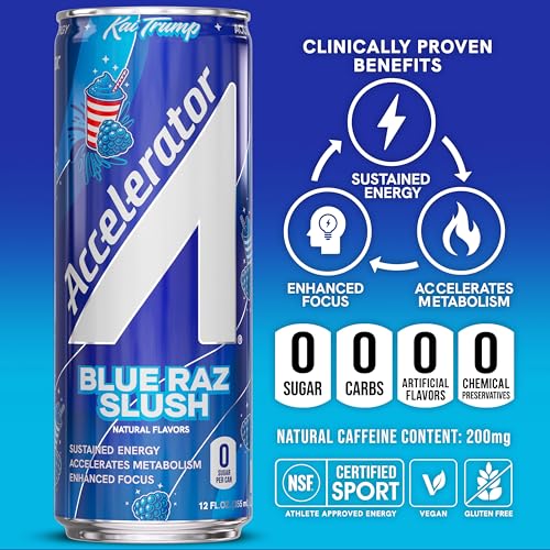 Image of Accelerator Active Energy Drink, Blue Raz Slush 12oz can (12 pack) | Zero Sugar, Sustained Energy from 100% Natural Caffeine (200mg from Green Coffee Bean & Green Tea extract)