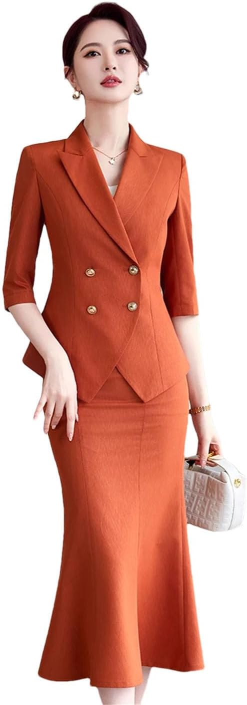 Women's Spring and Summer Solid Lapel Double-Breasted Half-Sleeved Suit Skirt Set