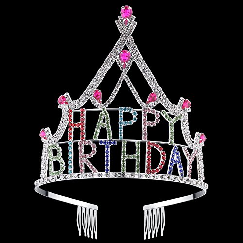 BABEYOND Crystal Rhinestone Tiara Headband Happy Birthday Girl Crown Comb Pin (Multicolor)