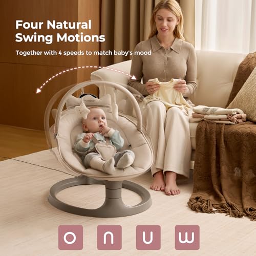 Image of Momcozy 2-in-1 Electric Baby Swing, Dual-Arm Support System & Parent-Inspired Motions, Convertible to Toddler Seat up to 66 lbs, Adjustable Height, Lightweight, Khaki