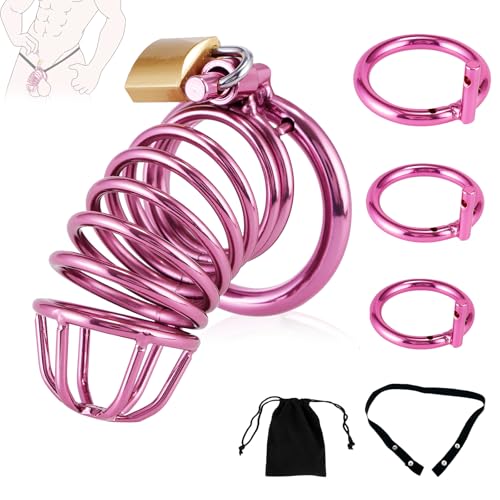 Chastity Cage - Male Chastity Devices with Chastity Belt, 3 Sizes Rings (1.57", 1.77", 1.97"), 2 Keys & 1 Lock, Purple Cock Cage, Large Stainless Steel Penis Bondage Restraints BDSM Sex Toy for Men