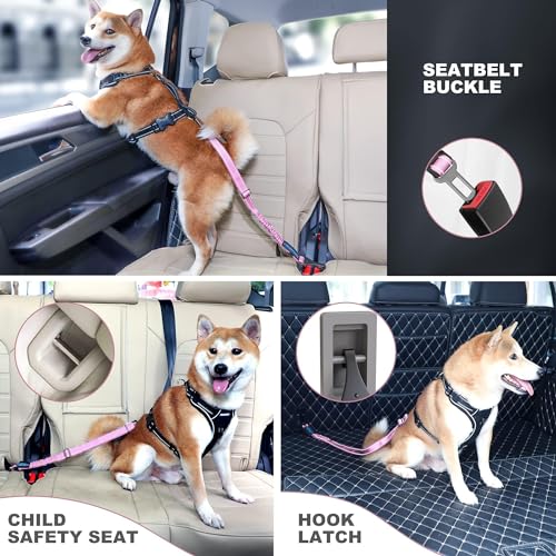 Image of IOKHEIRA Dog Seat Belt 3-in-1 Car Harness for Pets Adjustable Safety Seatbelt Nylon Reflective Bungee Fabric Dog Car Harness with Clip Hook Latch & Buckle, Swivel Zinc Alloy Carabiner (Pink)