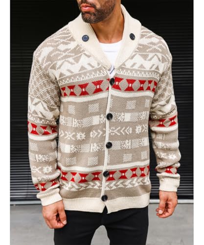 Men's Shawl Collar Cardigan Sweater Long Sleeve Button Down Cable Knit Jacquard Casual Lapel Sweater2