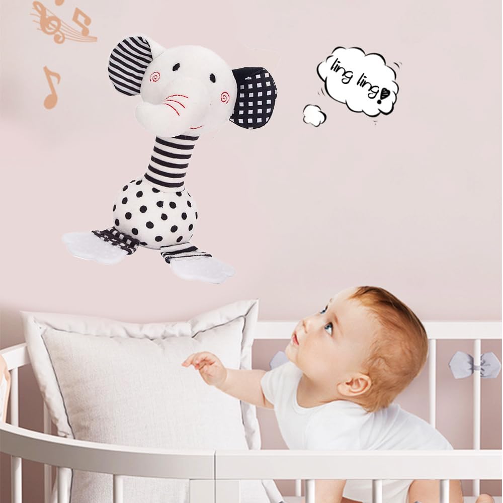 Juguetes para bebés de 0 a 12 meses, juguetes para recién nacidos en blanco y negro, juguete de peluche suave con mordedor y sonido, juguetes de desarrollo de agarre de mano (elefante) 6