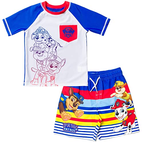 Paw Patrol UPF 50+ Rash Guard Swim Trunks Outfit Set Toddler to Little Kid Sizes (2T - 7)