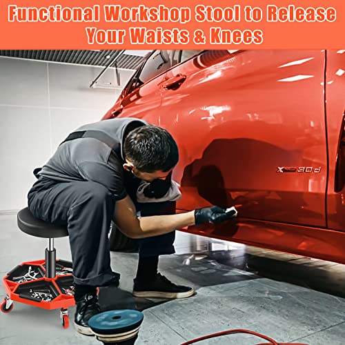Nightcore Heavy Duty Adjustable Rolling Creeper Stool, Pneumatic Rolling Mechanic Stool W/Tool Storage Tray, Padded Seat Cushion, Swivel Creeper Garage/Shop Seat, 330 Lbs Weight Capacity, Black & Red #TOP3