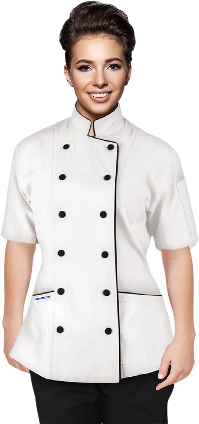 Chef Attires Short Sleeves Women's Ladies Chef's Coat Jackets (Black/Pink Trim, Large): Clothing, Shoes & Jewelry