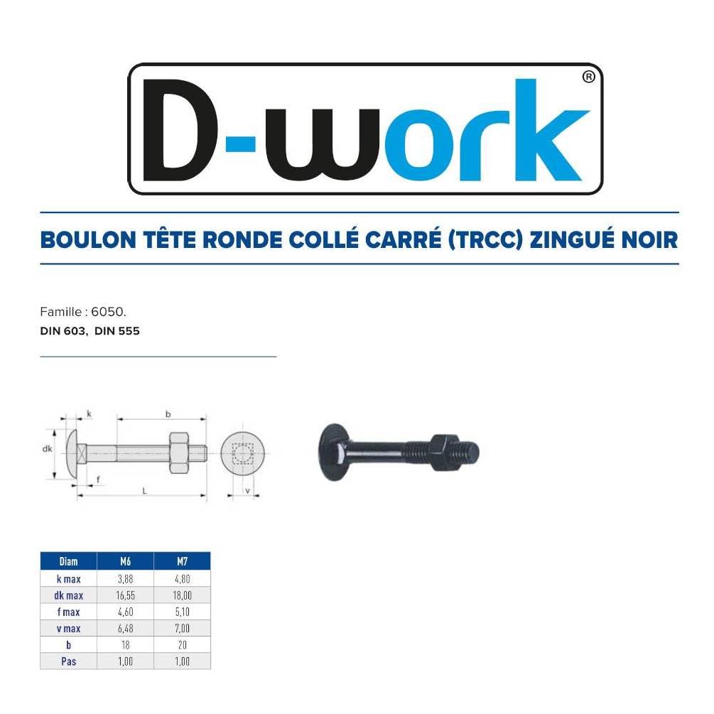 100 Boulons Tête Ronde Collet Carré TRCC 6 x 70 mm - DIN 603 - Zingué Noir - D-Work