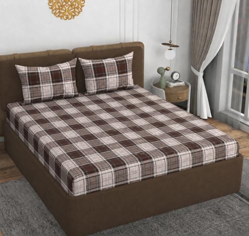 Image of VOMZER Cotton King Size Flat Bedsheet for Double Bed, 1 Cotton Bed Sheet Double Bed (90x100 Inches) with 2 Pillow Cover, Coffee Check