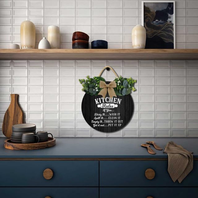 Miniatura 5 de Letreros de cocina, decoración de pared, reglas de cocina, letrero redondo rústico de madera, para el hogar, oficina, tienda o restaurante