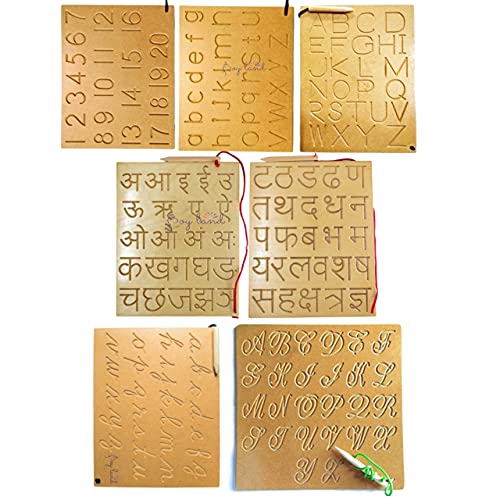 Image of JOY LAND Capital Numbers Hindi Varnmala Writing Practice Wooden Tracing Boards Educational Toys for Kids with Dummy Pencil | Letter Educational Slate | Learning Board for Baby (Set - 7)