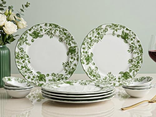 Image of Bodhi House Porcelain Dinner Set 12 Pieces - Green Leaf White Dinnerware Set | 6 Dinner Plates, 6 Katori Bowls | Premium Crockery Set for Dining, Kitchen & Gifting