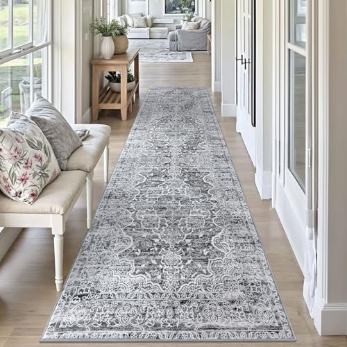 KUTA Vintage Kitchen Runner Rug, 2.6x10 Vintage Grey White Washable Hallway Rugs Non-Slip Ultra Soft Printed Floral Medallion Farmhouse Floor Carpet for Bedroom Living Room Nursery