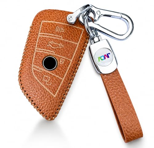 Image of JVCV Soft Handmade Lychee Pattern Leather Key Cover Compatible with BMW X1 X3 X6 X5 5 Series 6 Series 7 Series 4 Button Blade Smart Key | Premium Leather Protective Case (Brown)