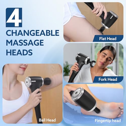 Image of AGARO Regency Gun Massager, 4 Heads, 13 Speed, Rechargeable, Handheld, Percussion Muscle Massager for Full Body Pain Relief, Muscle Relaxation of Neck, Shoulder, Back, Foot for Men & Women, Black