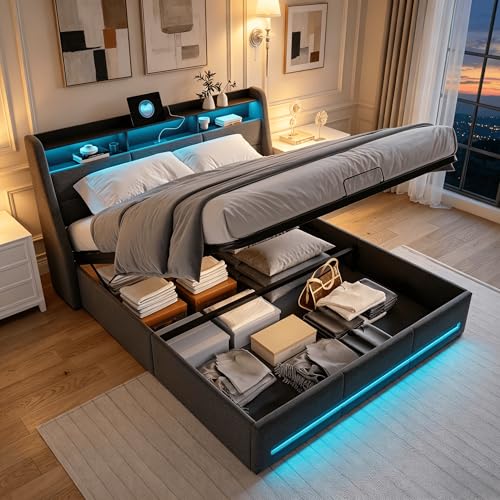 HYNHXBP Lit Coffre 140x200cm avec LED RGB, Lit Double Rembourré Gris avec USB et Type-C, Sommier Relevable à Vérins, Tête de Lit avec Rangements, Cadre...