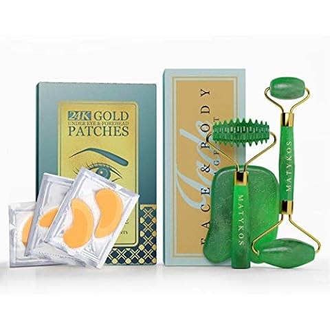 Matykos Complete Skincare Routine - 3 in 1 Jade Roller for Face and Gua Sha Set and 13 x 13 Under Eye and Forehead 24K Gold Patches Cover