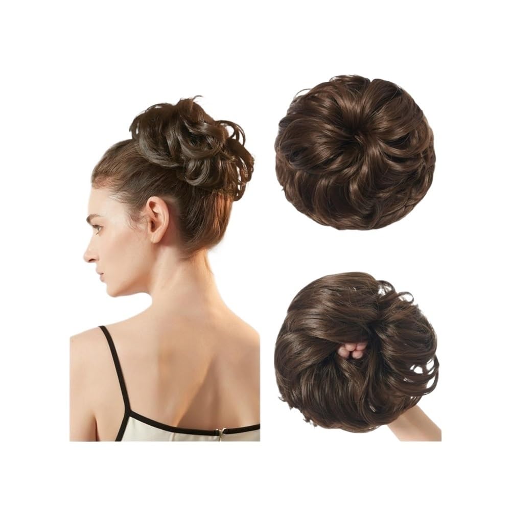 QRSTUVXZY Messy Bun Hair Piece Curly Synthetic Extensions Scrunchies Fake Chignon Updo Hairpieces for Women(Chestnut Brown)
