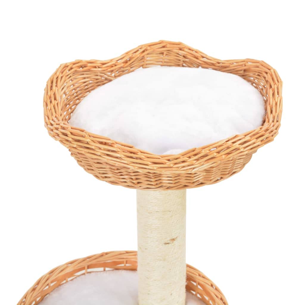 Tiragraffi in legno naturale con cestini di vimini e sisal, 94 cm | Tiragraffi fatto a mano per il soggiorno con cuccia morbida e due cestini per gatti attivi.