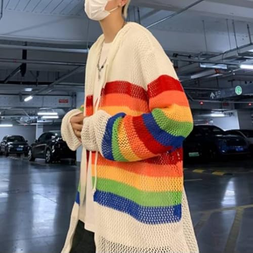 HZCX FASHION Mens Women Hollow Out Crochet Knit Hooded Shirt Long Sleeve Lightweight Streetwear Rainbow Sweater Zip Up Hoodie3