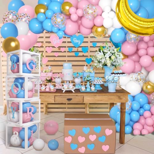 Amandir 134pcs Baby Boxes Gender Reveal Balloon Decorations, Pink and Blue Balloon Arch Kit Baby Boxes with Letters(A-Z+Baby Boy Girl?) for Baby Shower Birthday He or She Gender Reveal Party Supplies