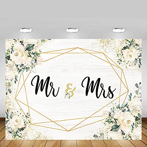 MEHOFOND 8x6ft White Floral Backdrop for Mr & Mrs Engagement Party Decorations Couples Wedding Photography Background Anniversary Ceremony Bridal Shower Banner Photo Booth Props - Image 4