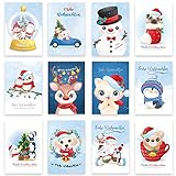 12 Weihnachtskarten Set Klappkarten mit Umschlägen Karte Karten Umschlag glanz Frohe Weihnachten Merry Christmas xmas Hellblau Blau süß Tiere Tiermotive Geschenk Weihnachtsgrüße