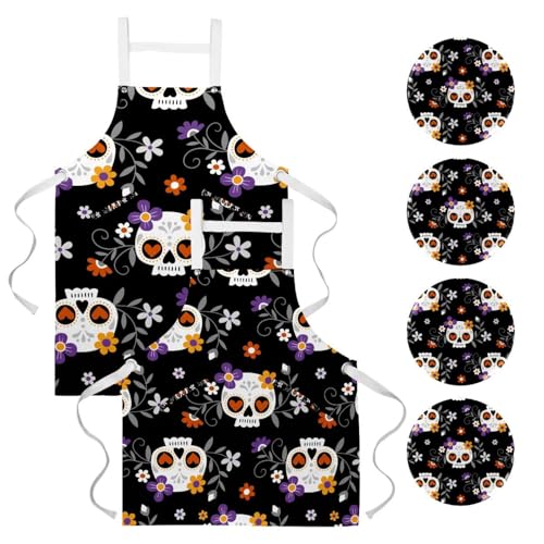 Lot de 2 tabliers de cuisine avec 4 broches à motif crâne floral et cœur
