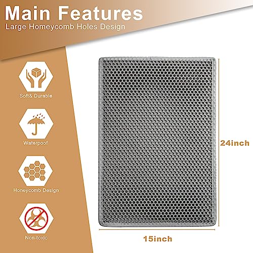 Garoopion Cat Litter Mat, Double Layer Litter Trapping Mat, Eva Waterproof Urine Proof Kitty Litter Mat, Honeycomb Holes Scatter Control, Litter Box Mat Soft On Kitty Paws-Size 24" X 15", Gray #TOP4