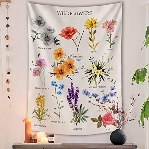 Lifeel Wildflowers Vertical Tapestry Wall Hanging, Illustrative Reference Chart Tapestry With Word, Beige White Vintage Tarot Flag Straight Tapestry 36×48 Inches #TOP2