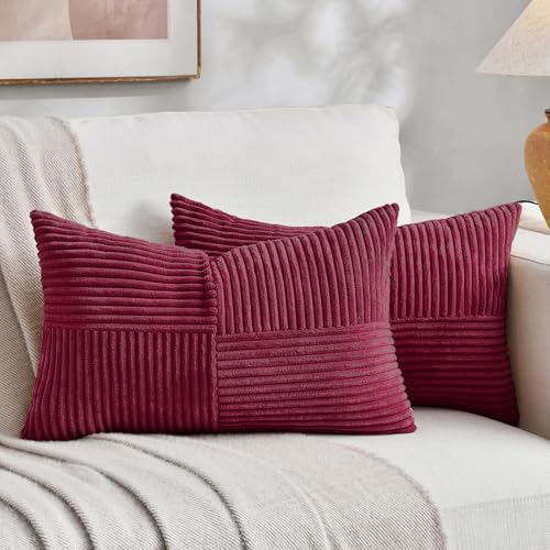 Image of Fancy Homi 2 Packs Burgundy Lumbar Decorative Throw Pillow Covers 14x24 Inch for Living Room Couch Bed, Farmhouse Boho Home Decor, Soft Striped Corduroy Rectangle Accent Cushion Case 35x60 cm